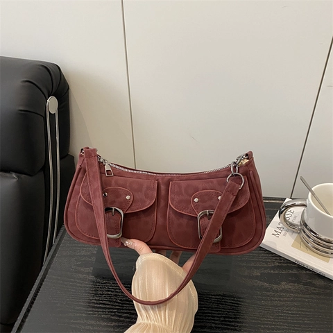 Women Vintage PU Leather Underarm Bag Double Pocket Shoulder Bag Retro Baguette Handbag Casual Urban Fashion Purse