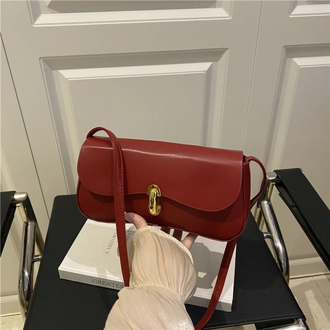 Bolso de Axila de Cuero PU Retro para Mujer Bolso de Hombro Minimalista de Color Sólido Con Hebilla de Metal Dorado Moda
