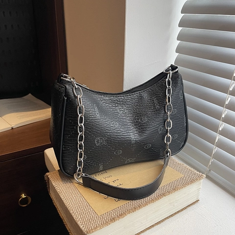 Vintage PU Leder Achseltasche Für Damen Mode Kette Umhängetasche Retro Bedruckte Pendler Tasche Mit Reißverschluss