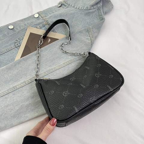 Vintage PU Leder Achseltasche Für Damen Mode Kette Umhängetasche Retro Bedruckte Pendler Tasche Mit Reißverschluss