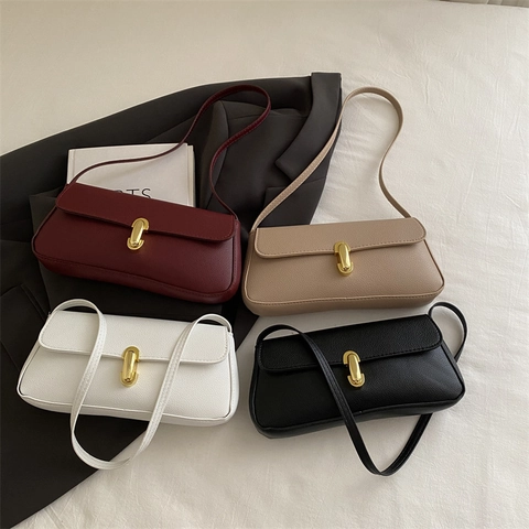 French Chic Women Underarm Bag 2025 Fashion Vintage Shoulder Bag Litchi Texture PU Leather Baguette Handbag With Metal Lock
