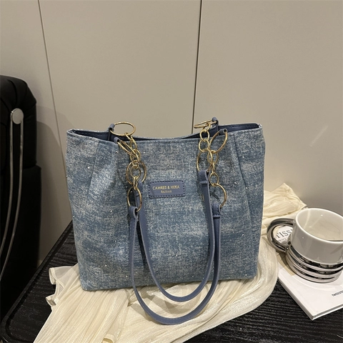 Damen Tote-Bag Große Kapazität PU-Leder Denim-Textur Mit Strass-Akzenten Urban Minimalistisch Schulterhandtasche Für Den Alltag
