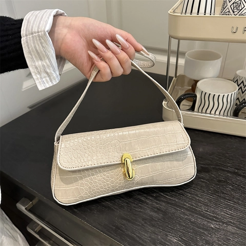 Bolso de Axila Vintage Francés Con Patrón de Cocodrilo Para Mujer Cuero PU Color Sólido Bolso de Hombro Con Hebilla de Metal Dorado Bolso Pequeño de Moda