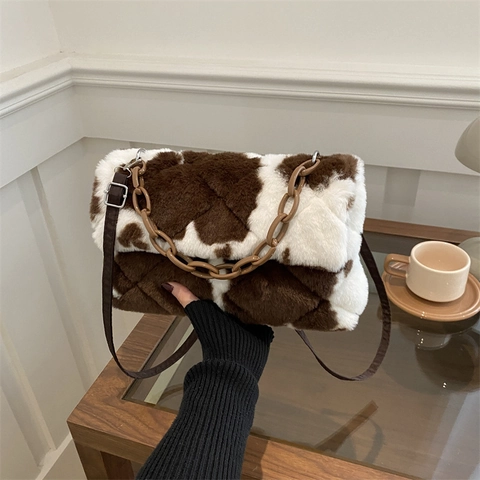 Damen Mode Kunstpelz Plüsch Schultertasche Trendy Leoparden Kuhmuster Umhängetasche Mit Kettenträger Herbst Winter Satchel Tasche
