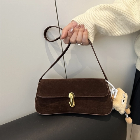 Women Retro Faux Suede Underarm Bag Minimalist Shoulder Bag With Gold Metal Lock Stylish Daily Small Square Handbag