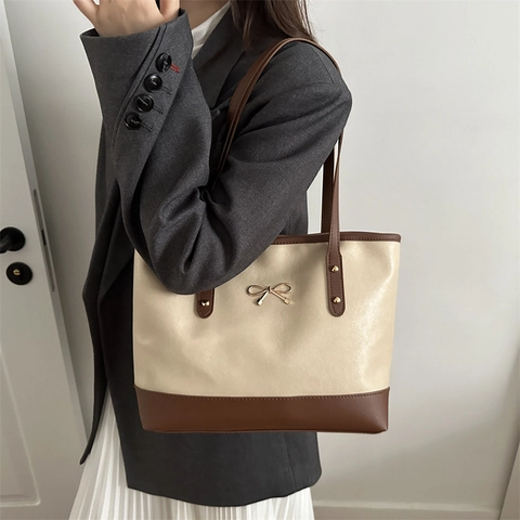 Große Kapazität PU Leder Einkaufstasche Für Damen Mit Schleife Dekoration Elegante Nähte Schultertasche Für Damen Casual