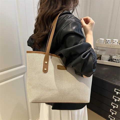 Große Damen Tragetasche Polyester Umhängetasche Kontrastfarbe Reißverschluss Handtasche Mode Pendler Reise Tasche
