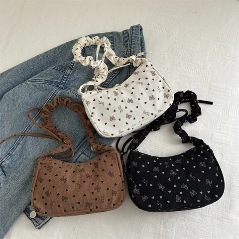 Women Ruched Handle Canvas Underarm Bag Vintage Heart Bow Print Shoulder Bag Small Square Crossbody Purse For Daily Wear