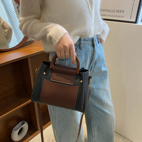 Damen Urban Minimalist Kunstleder Schultertasche Retro Farbblock Tote Mit Rundem Griff Pendler Umhängetasche
