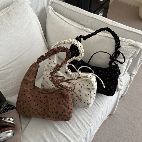 Sac Sous le Bras Rétro en Velours Côtelé pour Femmes Imprimé Nœud et Cœur Sac à Épaule Mode Bandoulière à Volants Sac Hobo