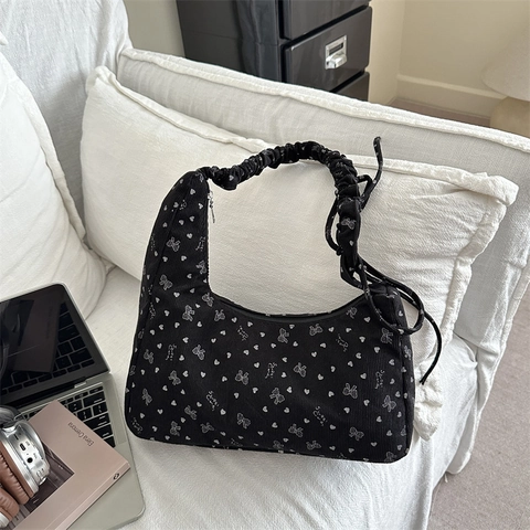 Sac Sous le Bras Rétro en Velours Côtelé pour Femmes Imprimé Nœud et Cœur Sac à Épaule Mode Bandoulière à Volants Sac Hobo
