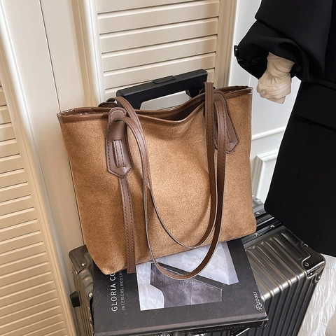 Women Fashion Suede Tote Bag Large Capacity Street Style Shoulder Bag Retro Commuting Handbag Solid Color Minimalist Bag