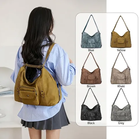Retro Large Capacity Tote Bag Women Synthetic Leather Multi-Pocket Shoulder Messenger Handbag Daily Commuting Office Bag