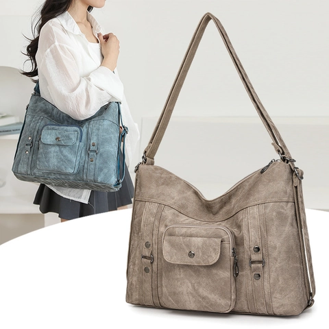 Retro Large Capacity Tote Bag Women Synthetic Leather Multi-Pocket Shoulder Messenger Handbag Daily Commuting Office Bag