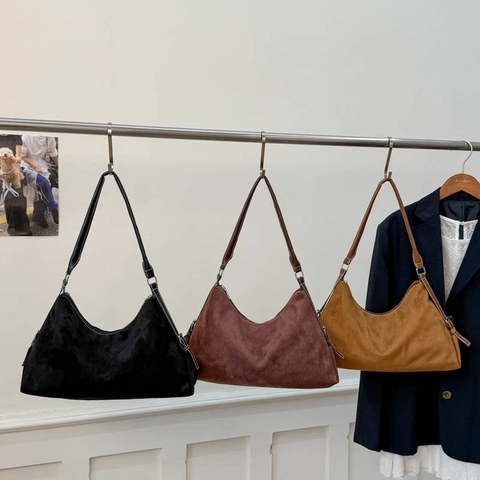 Sac à Bandoulière en Daim Grande Capacité pour Femmes Rétro Minimaliste Patchwork Surpiqûres Contrastées Sac Hobo sous le Bras Sac Fourre-tout de Banlieue Polyvalent