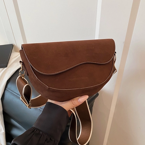 Women Vintage Suede Shoulder Bag Fashion Wide Strap Saddle Bag Korean Solid Color Wavy Edge Flap Crossbody Messenger Bag Daily Travel