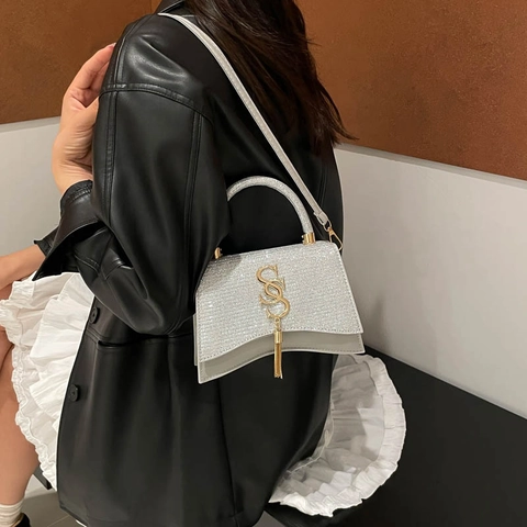 Bolso de Hombro de Lujo con Diamantes de Imitación para Mujer Elegante Forma de Reloj de Arena Bolso Bandolera con Borla Bolso Cuadrado