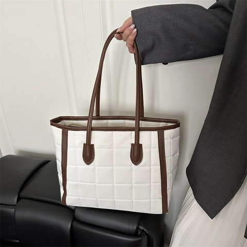 Damen Große Kapazität Gesteppte Mikrofaser Tote Bag Gittermuster Einfarbig Mode Schultertasche Urban Casual Travel Handtasche