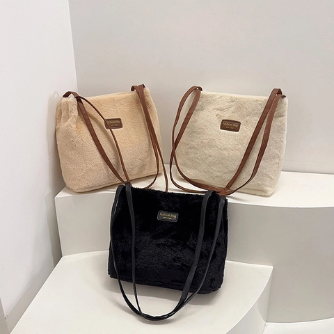 Borsa Tote da Donna in Pelliccia Sintetica di Peluche Borsa a Spalla Minimalista Grande Capacità Con Tracolle in Pelle PU Fashion Bag NEW YORK