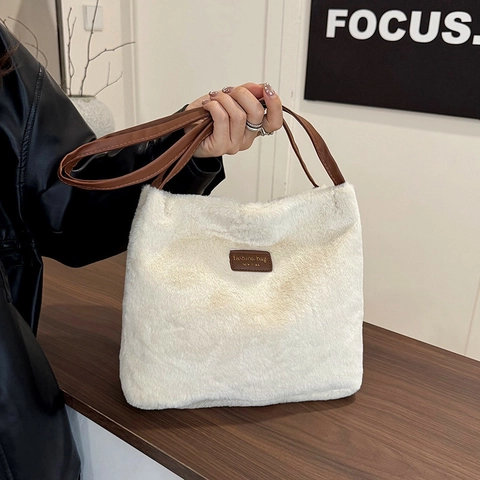 Borsa Tote da Donna in Pelliccia Sintetica di Peluche Borsa a Spalla Minimalista Grande Capacità Con Tracolle in Pelle PU Fashion Bag NEW YORK