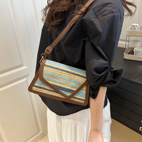 Fashion Woven Straw Small Square Shoulder Bag For Women 2025 Casual Minimalist Crossbody Bag With Flap Cover PU Leather Trim