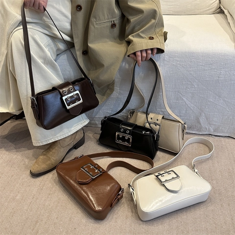 Borsa Sottobraccio in Pelle Sintetica Minimalista Donna Vintage Borsa a Tracolla Quadrata Fibbia Argento Pendolarismo Leggero