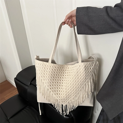 Borsa Tote Bohemien con Frange da Donna Grande Capacità Borsa a Tracolla all'Uncinetto Stampa Leopardata Borsa Boho in Ecopelle