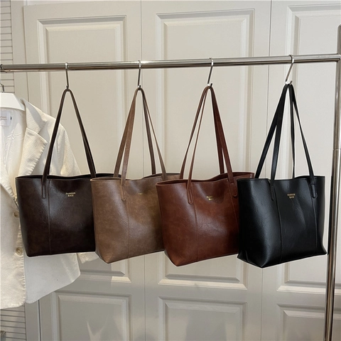 Bolso Tote de Cuero Sintético Vintage para Mujer Gran Capacidad Minimalista Color Sólido Bolso de Hombro para Diario