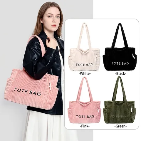 Damen Kordsamt Tragetasche Große Kapazität Bestickte Schultertasche Trendy Casual Urbaner Minimalismus Handtasche Mit Seitentaschen Für Schule Alltag
