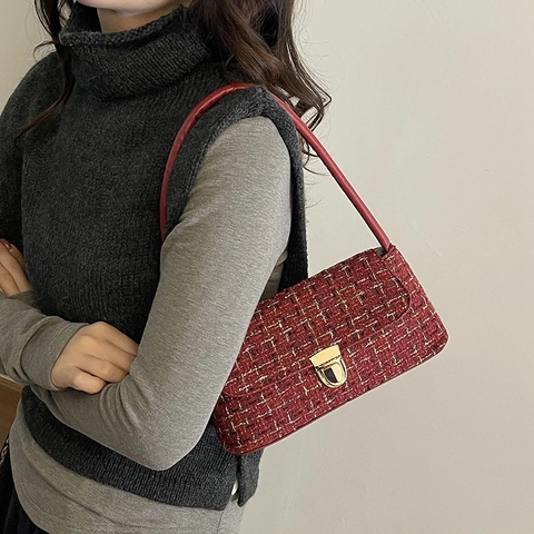 Sac Sous le Bras en Tweed Style Niche Française Sac à Épaule Femme Avec Serrure en Métal Élégant Sac Baguette Vintage à Carreaux Mini Sac Bandoulière
