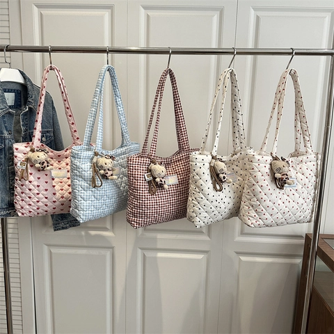 Women Large Capacity Quilted Synthetic Leather Tote Bag With Heart Pattern Gingham Check Casual Shoulder Bag School Handbag