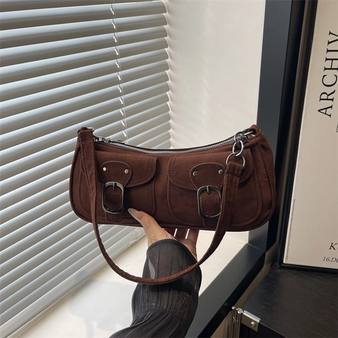 Retro Damen Kunstleder Baguette Tasche Fronttaschen Metallschnalle Achsel Schultertasche Nische Design Pendler Handtasche