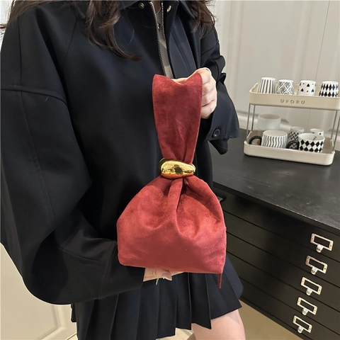 Damen Designer Minimalistische Kunstleder Eimer Tasche Goldener Ring Kordelzug Handtasche Wildleder Textur Mode Handgelenk Tasche