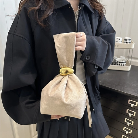 Damen Designer Minimalistische Kunstleder Eimer Tasche Goldener Ring Kordelzug Handtasche Wildleder Textur Mode Handgelenk Tasche