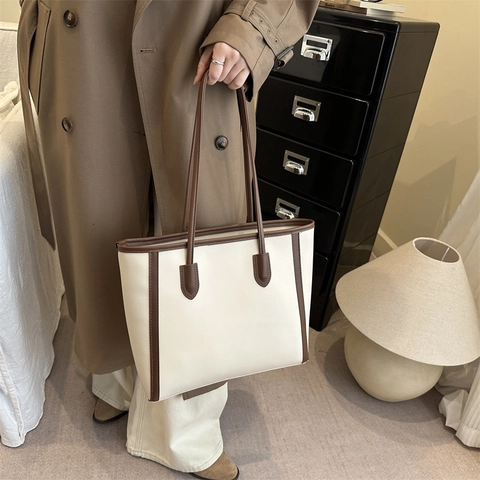Dames Mode Grote Capaciteit Synthetisch Lederen Tote Bag Minimalistische Vintage Commuter Schoudertas Contrastkleur Handtas