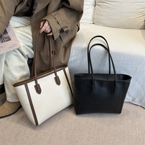 Dames Mode Grote Capaciteit Synthetisch Lederen Tote Bag Minimalistische Vintage Commuter Schoudertas Contrastkleur Handtas
