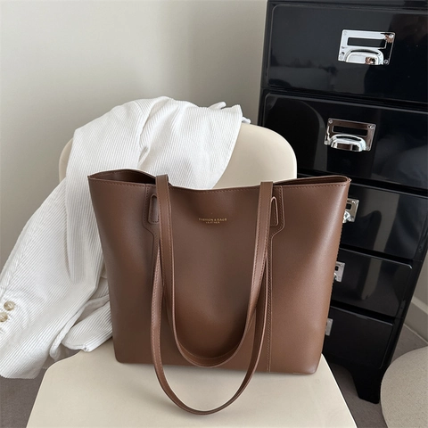 Women Large Capacity Synthetic Leather Tote Bag Minimalist Solid Color Commute Shoulder Handbag Fashion All-Match Daily Bag