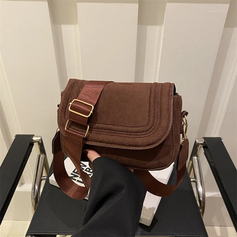Women Vintage Suede Leather Crossbody Bag Fashion Wide Strap Saddle Shoulder Bag Urban Simplicity Versatile Small Square Bag