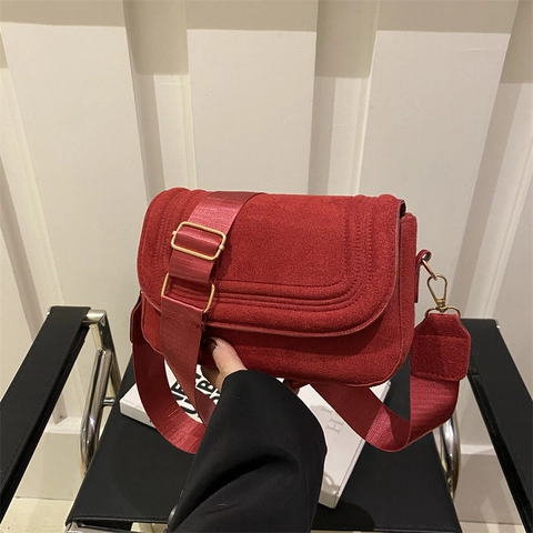 Women Vintage Suede Leather Crossbody Bag Fashion Wide Strap Saddle Shoulder Bag Urban Simplicity Versatile Small Square Bag