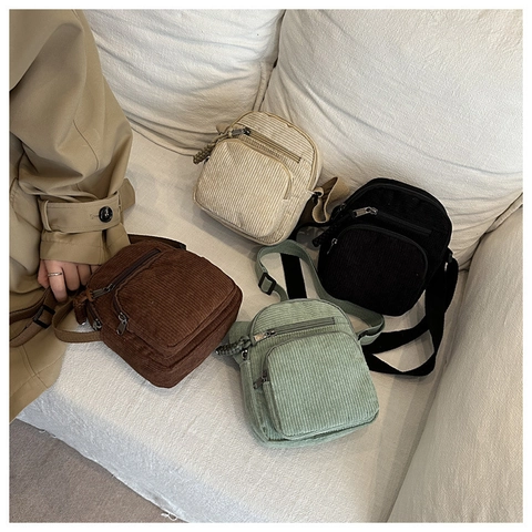 Bolso de Hombro Pequeño de Pana Informal para Mujer Color Sólido Estilo Campus Moda Bolso Bandolera Con Correa Ajustable Múltiples Bolsillos