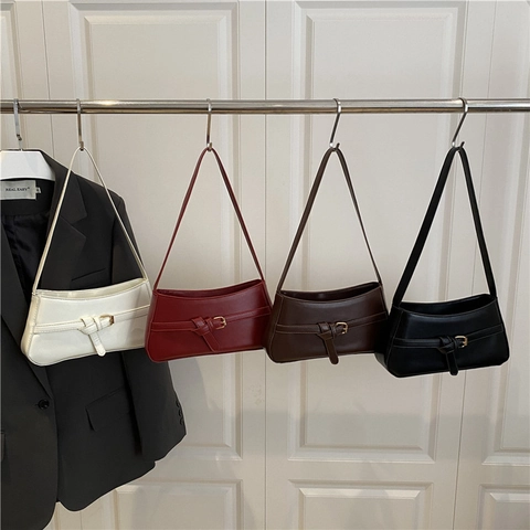 Women's Minimalist PU Leather Underarm Bag Fashion Knot Belt Buckle Baguette Shoulder Bag Casual Handbag Commuter Purse