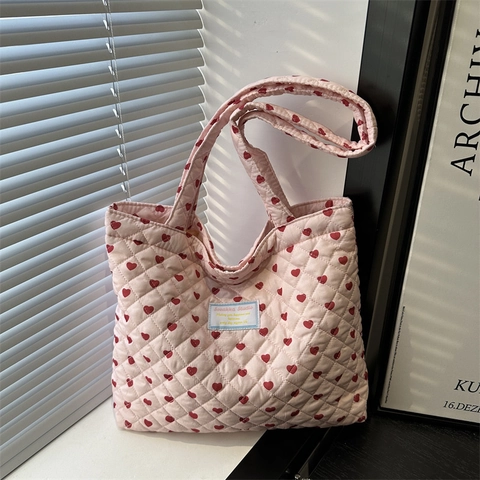 Women Quilted Tote Bag Heart Pattern Japanese Style Sweet Large Capacity Fabric Shoulder Handbag For Ladies