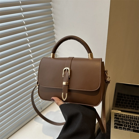 Bolso de Mano Retro de Cuero Sintético para Mujer Color Sólido Bolso de Hombro Cruzado Decoración Cinturón Moda Oficina