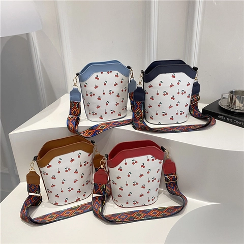 Women Cherry Print Bucket Bag With Ethnic Woven Wide Strap Synthetic Leather Small Fresh Color Block Crossbody Shoulder Bag