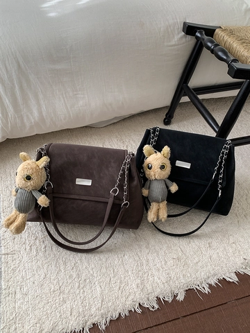 Borsa a Spalla in Pelle PU Retrò da Donna alla Moda Grande Capacità Borsa da Sottobraccio Con Catena e Ciondolo Peluche