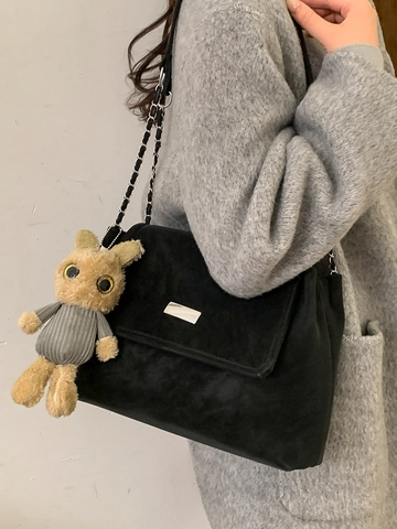 Borsa a Spalla in Pelle PU Retrò da Donna alla Moda Grande Capacità Borsa da Sottobraccio Con Catena e Ciondolo Peluche
