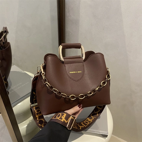 Borsa a Tracolla da Donna in Pelle PU Manico in Metallo Catena Spessa Tracolla Larga con Motivo Borsa a Secchiello per Pendolari