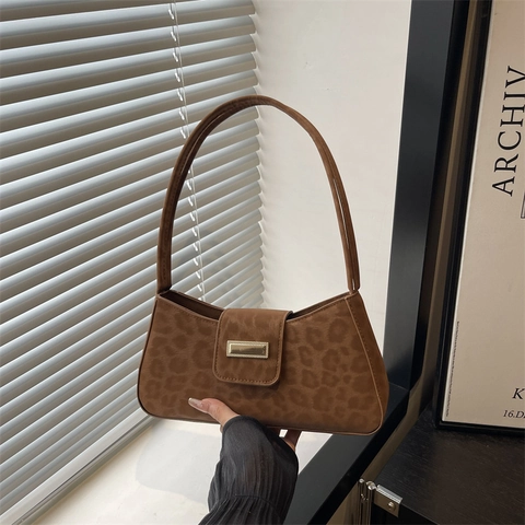 Vintage Leopardenmuster Polyester Achseltasche Für Damen Retro Metallschnalle Baguette Schultertasche Minimalistische Handtasche