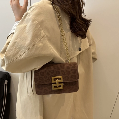 Vintage Women Leopard Print Small Square Shoulder Bag PU Leather Gold Chain Crossbody Bag Casual Fashion Handbag