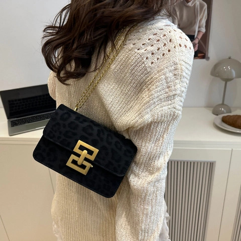 Vintage Women Leopard Print Small Square Shoulder Bag PU Leather Gold Chain Crossbody Bag Casual Fashion Handbag